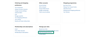 Accessing the Close Your Amazon Account page on Amazon for desktop.
