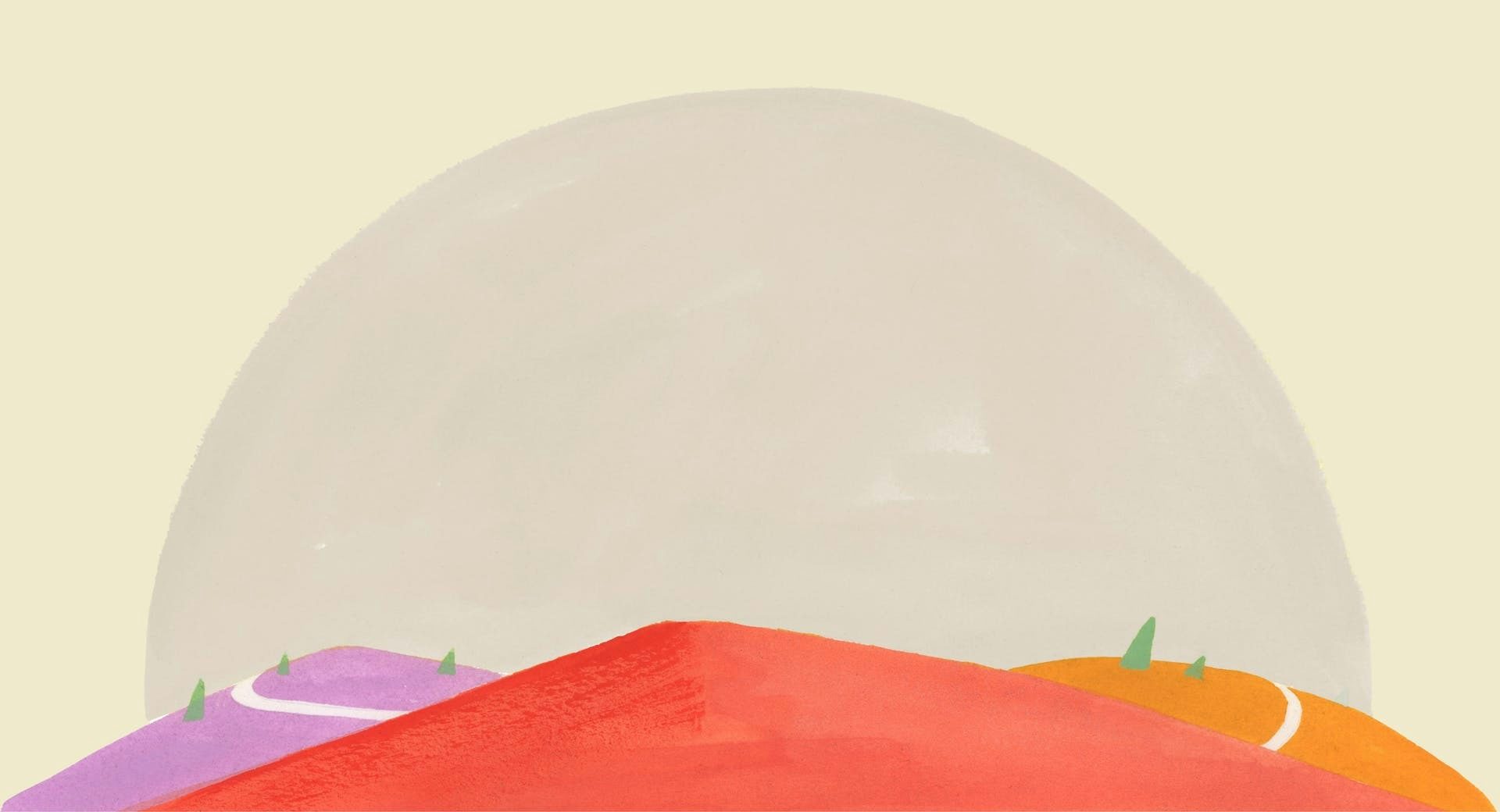 Ilustração do ExpressVPN de caminhos coloridos que levam a uma colina, simbolizando conexões de internet seguras, rápidas e globais.